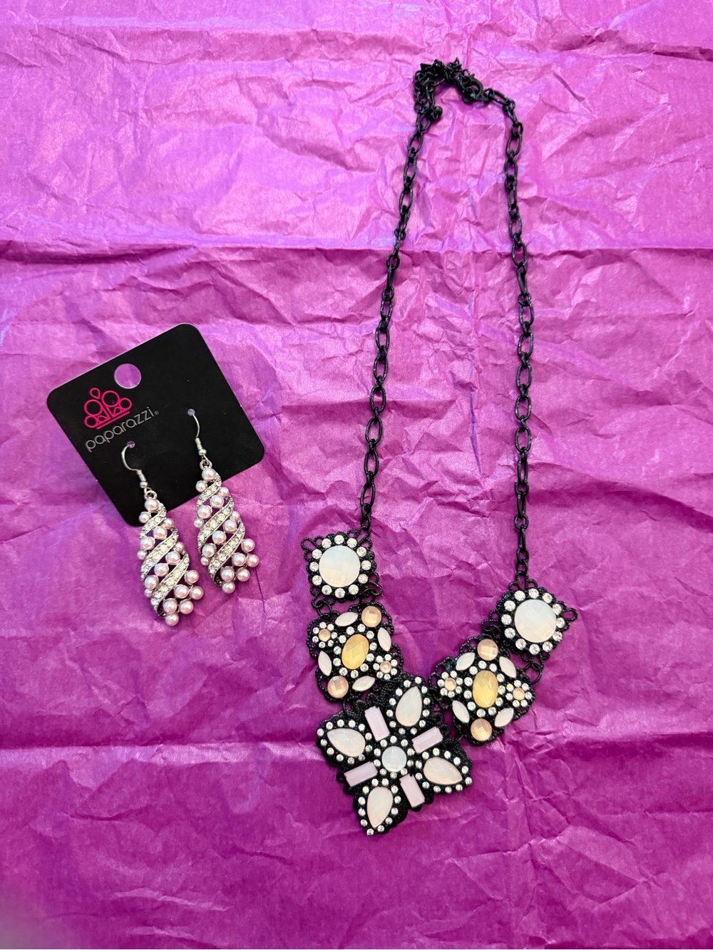 paparazzi Pink, Cream and Black Floral Statement Necklace with Matching Earrings